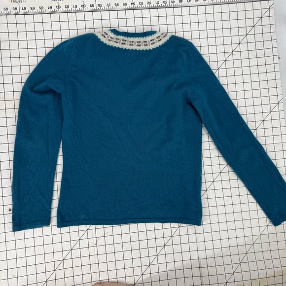 Lands' End 100% Kashmir  Teal V-Neck fair aisle print Women's Sweater M - Picture 2 of 13